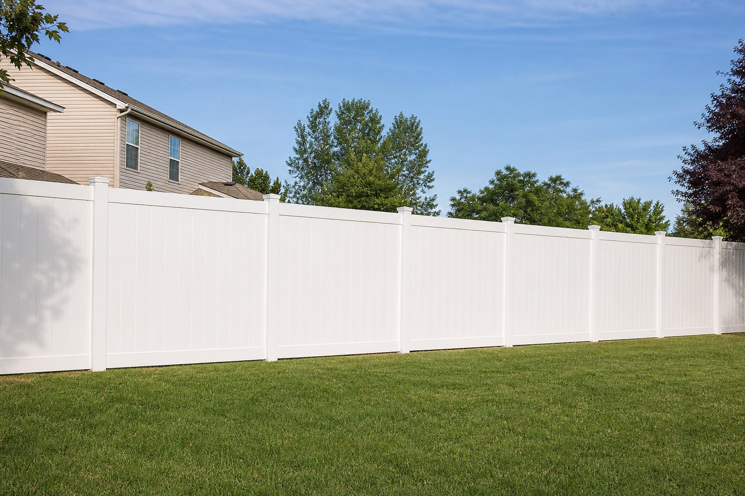 Full vinyl privacy fence installed along a residential backyard